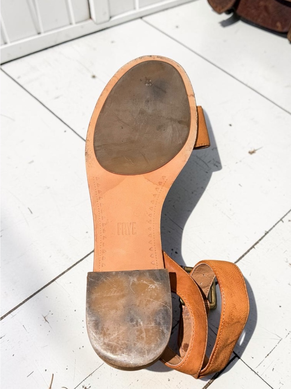Frye Cindy Tan Leather Block Heel Ankle Strap Sandals Size 9.5 - Picture 6 of 7